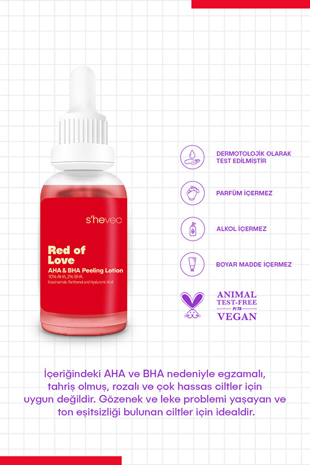 %10 AHA & %2 BHA Yenileyici ve Cilt Tonu Eşitleyici Vegan 30 ml Peeling Serum Red Of Love - 5