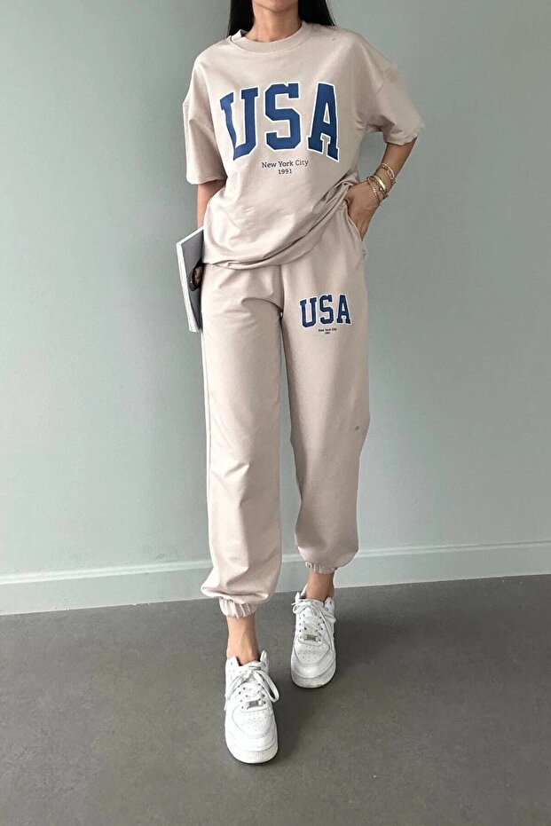 Plus Size USA New York City Printed Oversize Summer Top and Bottom Tracksuit Set