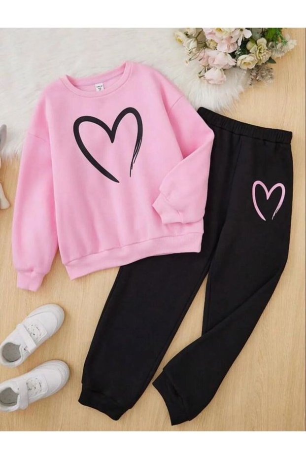 Heart Printed Girls/Boys Crew Neck Sweatshirt Tracksuit Set