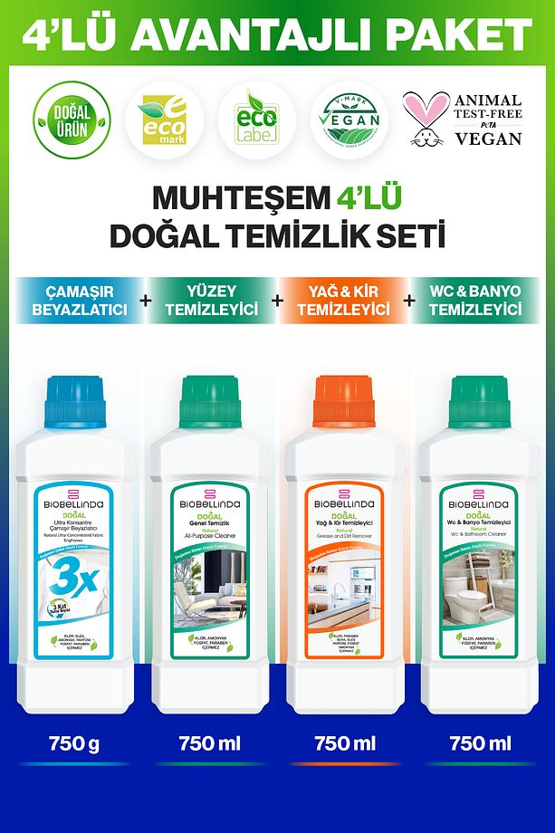 Yağ Kir Tem. 750 ml & Çamaşır Beyazlatıcı 3x 750 ml & Wc Banyo Tem. 750 ml & Genel Tem.(4'LÜ SET) - 1