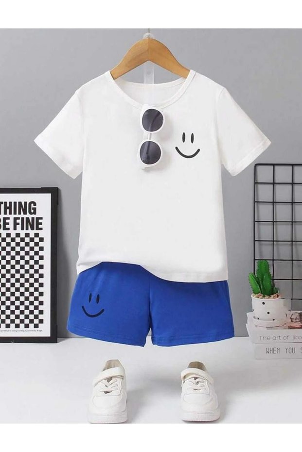 Children's Smile Printed Top and Bottom Set Cotton Shorts T-Shirt Set