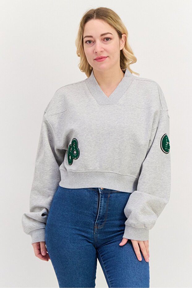 Women V Neck Long Neck Long Sleeve Graphic Sweatshirt, Grey