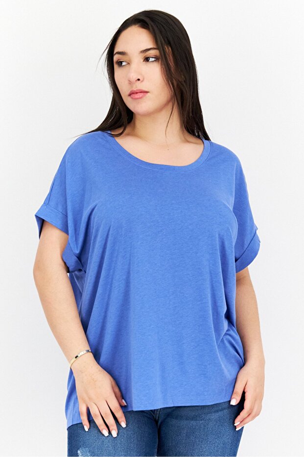 Women Crew Neck Short Sleeve Plain T Shirt, Blue
