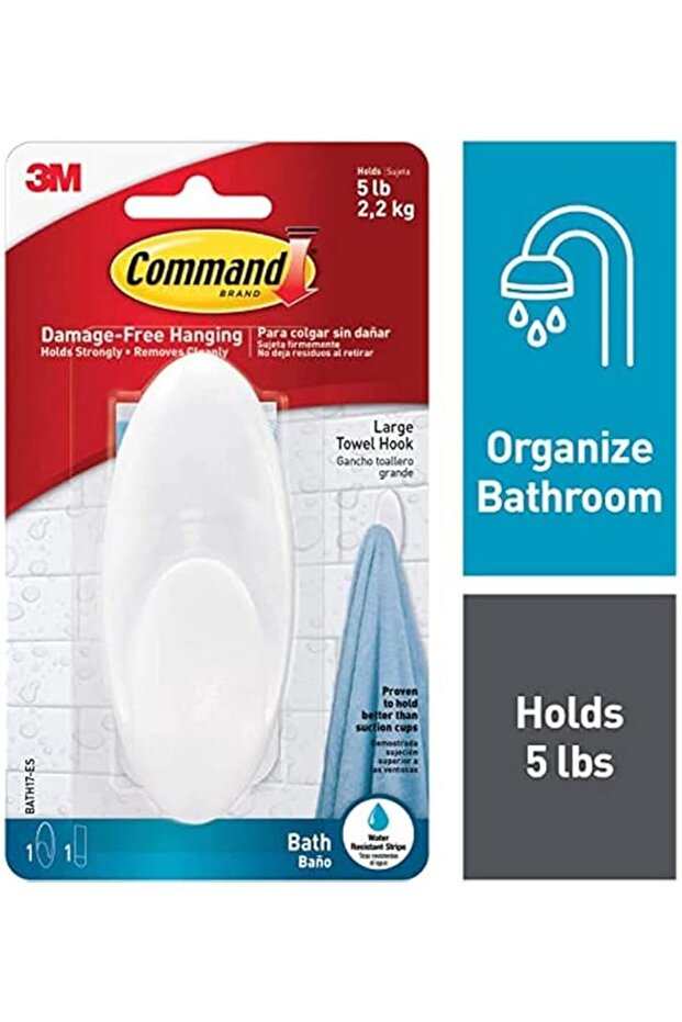 3M COMMAND™ TOWEL HOOK WITH WATER-RESISTANT STRIPS LARGE BATH17 CLEAR FROSTED 1HK+2S/PK - 1