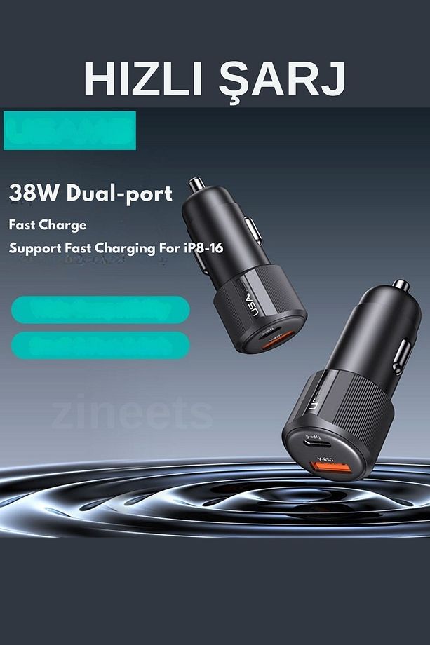 38W Hızlı Şarj  1 Type-c Ve 1 Usb Çıkışlı Araba Çakmaklık Şarj Aleti FAST Android Ve İphone - 6