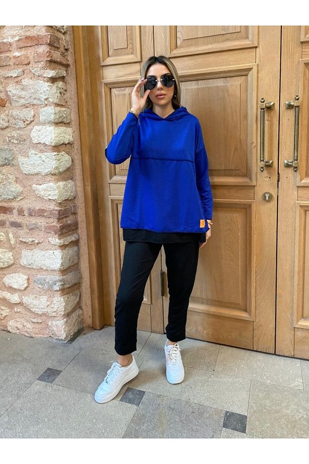 Kadın Mavi Kapüşonlu Garnili İki İplik Konfor Modeli Alt Üst İkili Eşofman Takımı Tunik Tesettür - 4