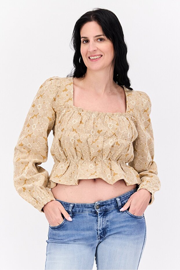 Women Square Neck Long Sleeves Floral Print Blouse, Tan