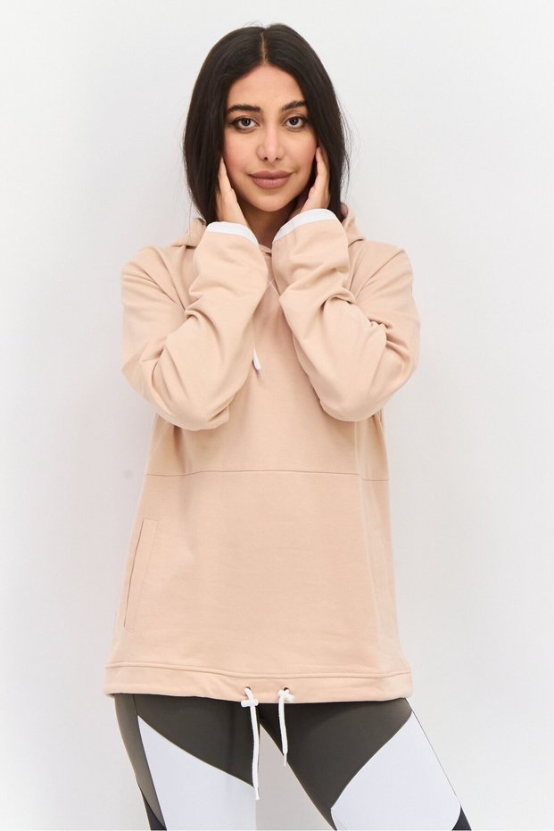 Women Hooded Long Sleeve Embroiled Logo Sweatshirt, Peach