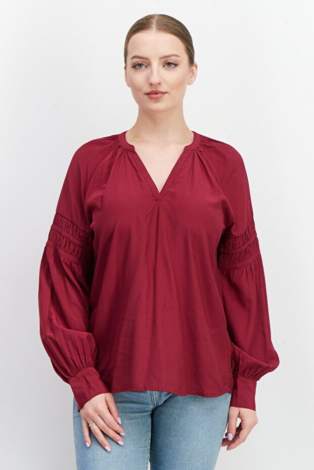 Women V-Neck Long Sleeve Plain Blouse, Burgundy