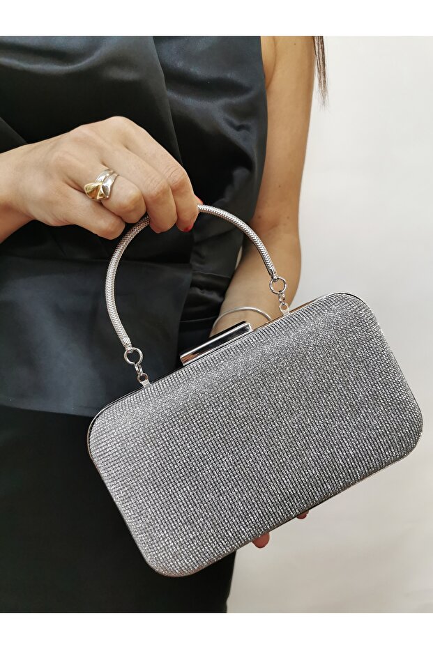 Women's Evening Big Stone Look Platinum Smoked Glossy Chain Wedding Party Bag