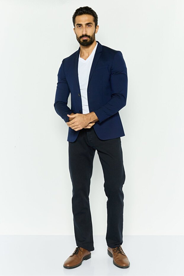 Men Fitted Solid Formal Blazer, Navy - 4