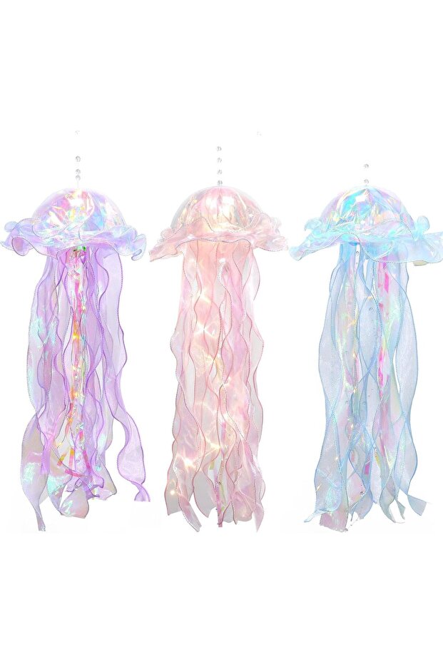 3pcs Jellyfish Hanging Decor,Glitter Iridescent LED Hanging Light Kit,Under The Sea Mermaid Party