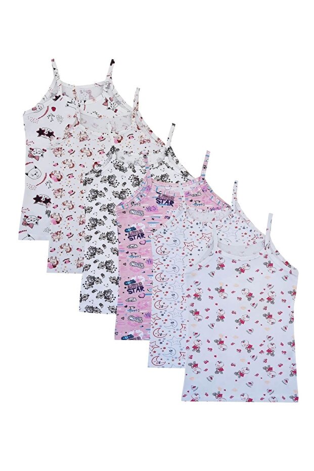 Tutku 6-Pack Girls' Rope Strap Undershirt, Printed Cotton, Colorful