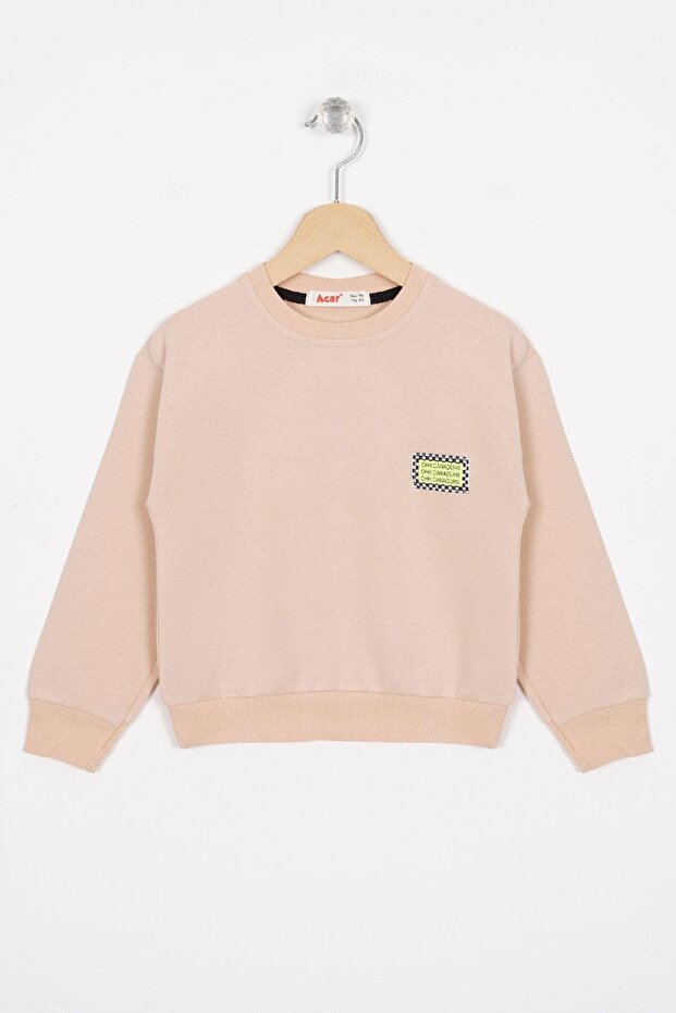 Crew Neck Long Sleeve Beige Color Girls' Sweatshirt