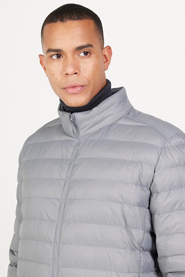 Erkek Gri Standart Fit Normal Kesim Dik Yaka Mont - 4