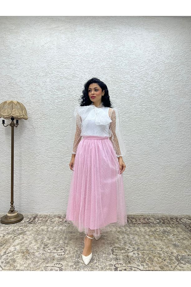 Pembe Tüllü Simli Etek - 2