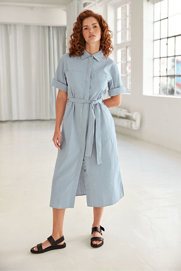 Women Spread Collar Textured Dress, Light Blue