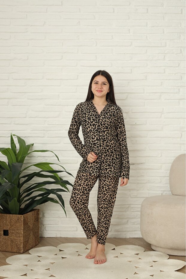 Leopar Boydan Dügmeli  Süet Kız Çocuk Pijama Takım - 2