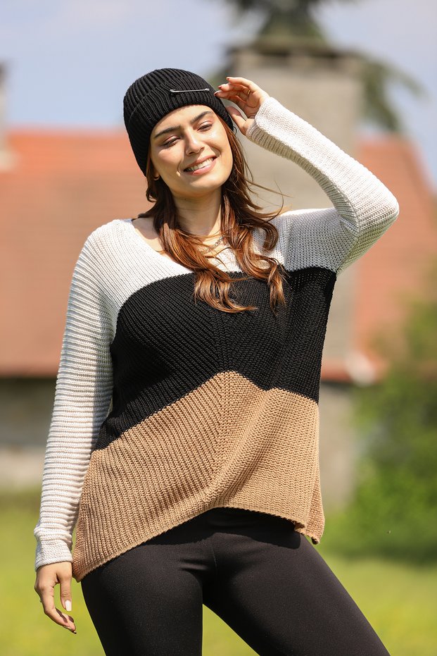 V-Neck Long Sleeve Striped Detail Asymmetrical Corduroy Long Bat Sleeve Three Color Block Knitwear Sweater