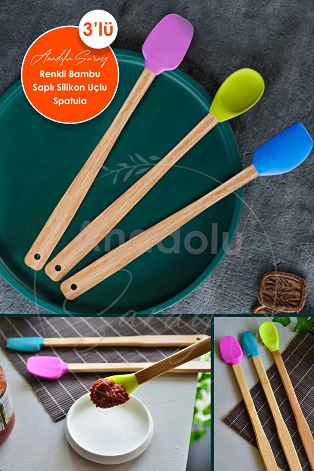 3 ADET Isıya Dayanıklı Silikon Spatula Seti  Silikon 3lü Mutfak Seti Renkli Kaşık Spatula Seti - 1