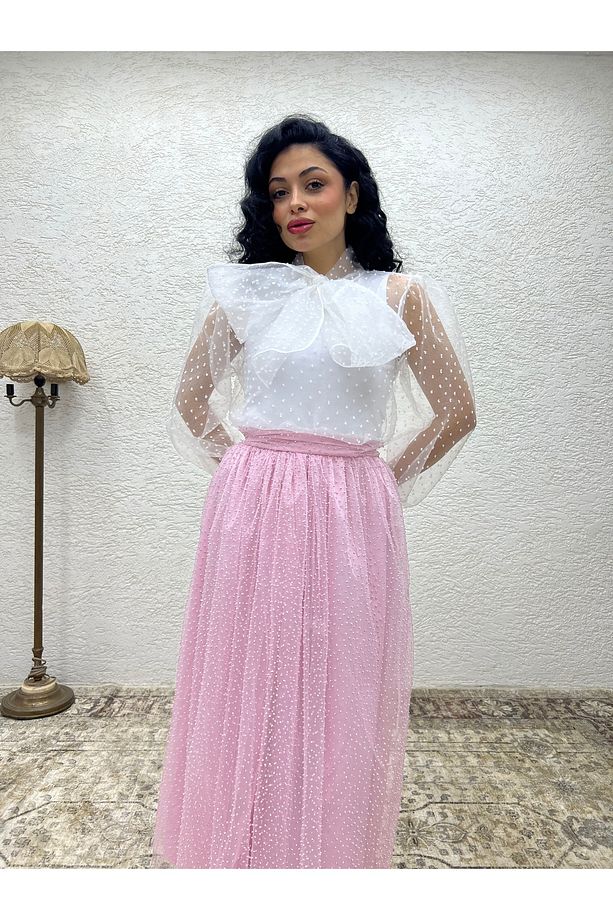 Pembe Tüllü Simli Etek - 1