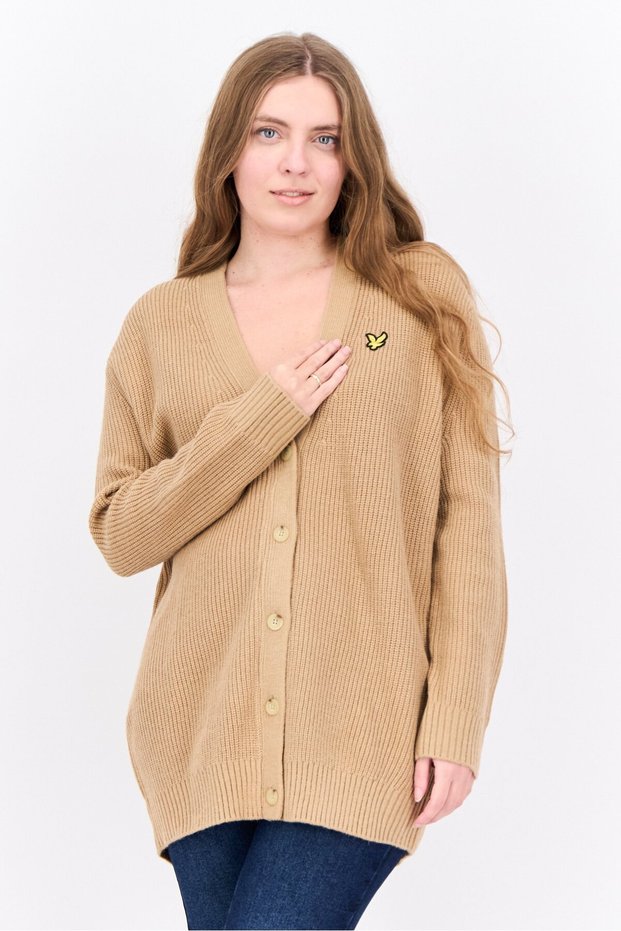 Women V-Neck Brand Logo Cardigan, Warm Tan