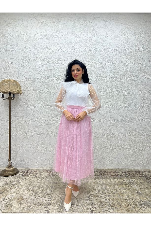 Pembe Tüllü Simli Etek - 5
