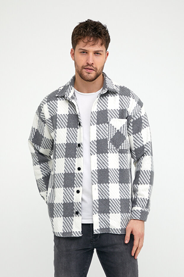 Erkek Slim Fit Tek Cep Kareli Hakiki Oduncu Gömleği Gri - 1