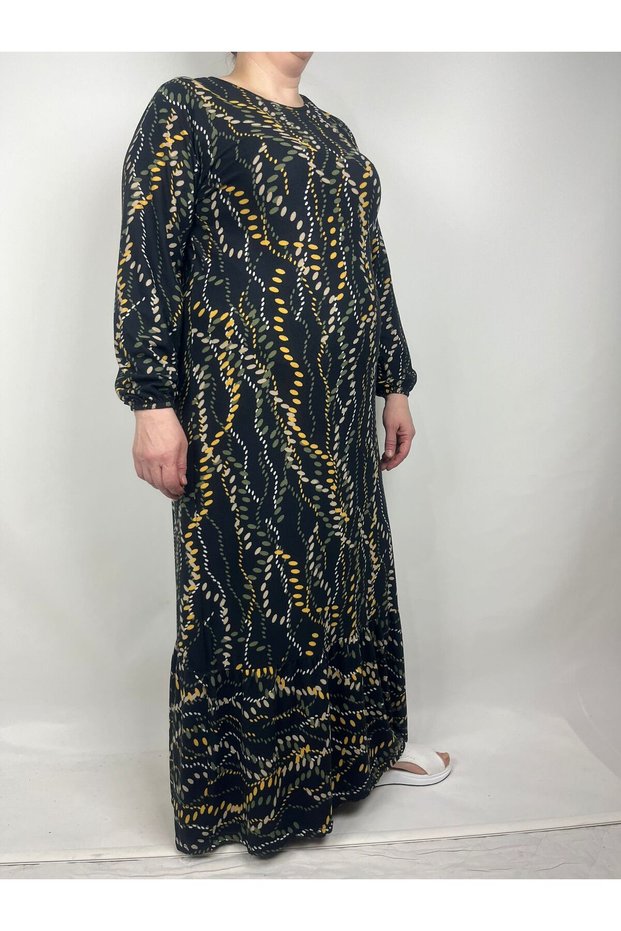Women's Black Green Mustard Crew Neck Long Sleeve Sleeve Ankles Elastic Ruffled Hem Mother Dress