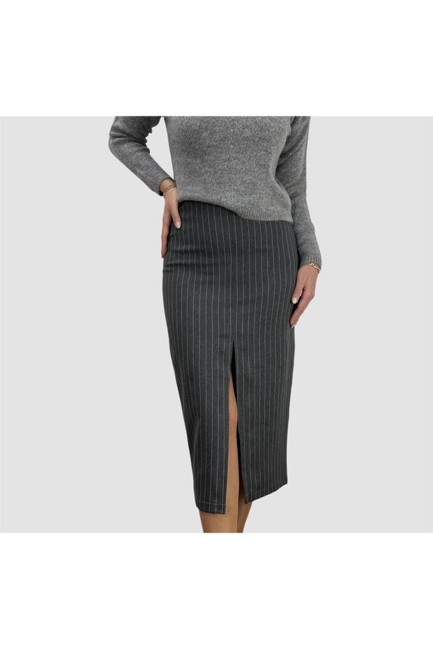 Gray Striped Fabric Front Mid Slit Midi Length Lined Skirt