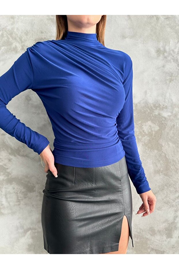 Drapeli Mavi Dik Yaka Bluz - 3