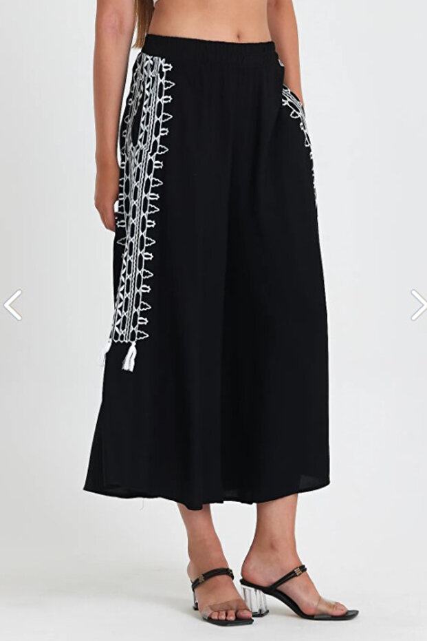 Women's Black Ethnic Authentic Embroidered Elastic Waist Loose Pacal Pants