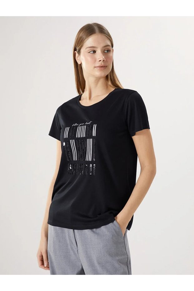 Lcwaikiki Classic Black Crew Neck Sequin Sequin Embroidered Women's T-Shirt