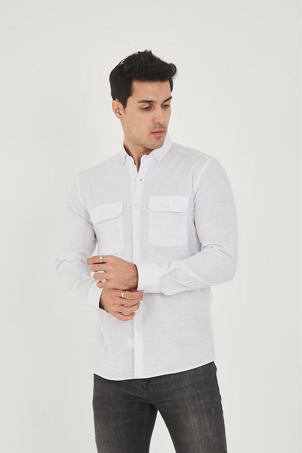 Çift Cep Kapaklı Likra Pamuk Keten Doku Slim Fit Erkek Gömlek - 4