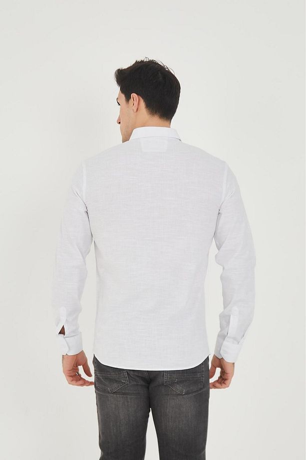 Çift Cep Kapaklı Likra Pamuk Keten Doku Slim Fit Erkek Gömlek - 6