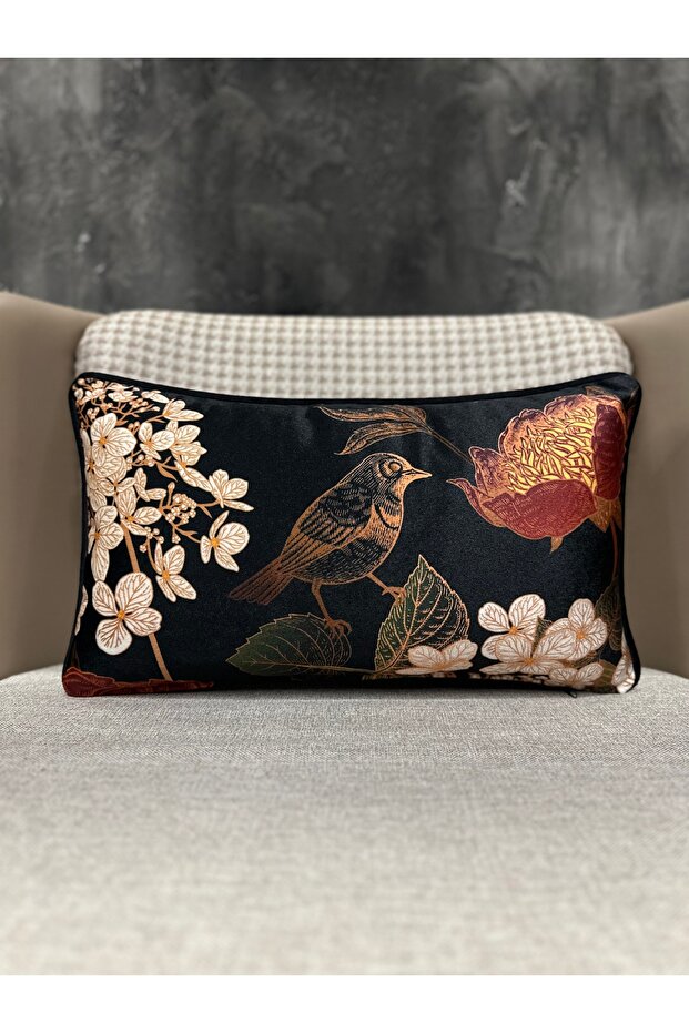 Velvet Bird Pattern Black Throw Pillow Cover 30x50cm