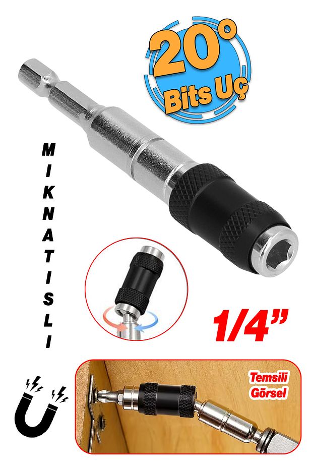 Açılı Oynar Başlıklı Bits Uç 1/4" 90 mm Manyetik Mıknatıslı Matkap Uyumlu 20° Lokma Ucu 1 Adet - 1