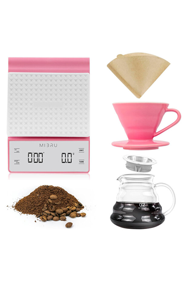 ماكينة تحضير قهوة يدوية فاخرة V60 Coffee، 4 قطع، مع مقياس وقمع وفلتر وأداة تقديم، مجموعة 02 باللون الوردي