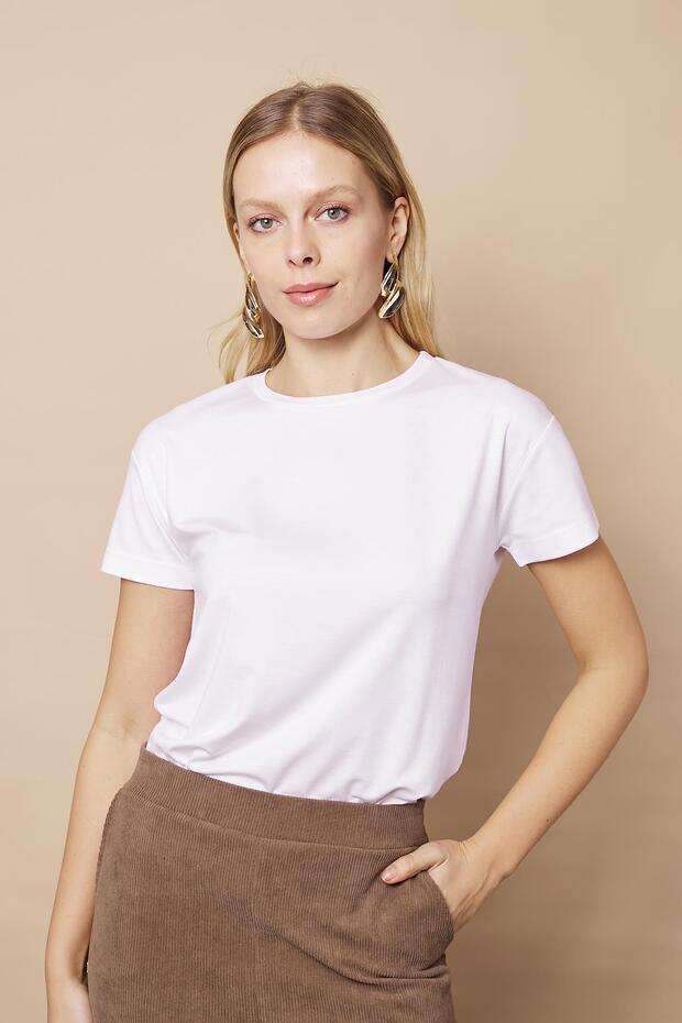 Women's Zero Neck Anti-Crease Span Blended Stylish Short Sleeve Lycra T-Shirt Blouse-White