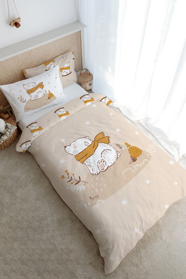 Single Duvet Cover Set (Without Sheets) 160X220 cm - for Baby Series - Brown Scarf Bear