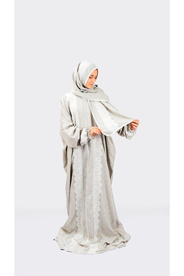 Namaz Dress Oversized Zippered Woven Fabric Crew Neck - 2