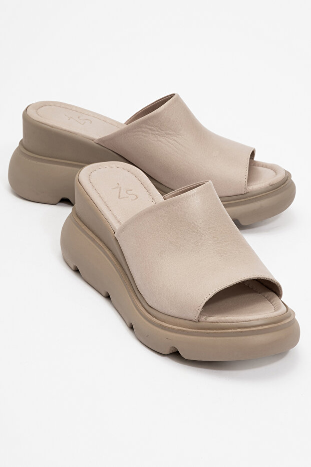 Adeni Women's Genuine Leather Wedge Heel Slippers Gray