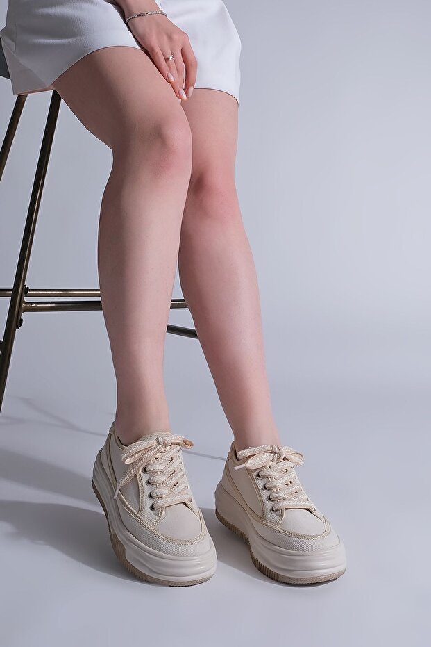 Damskie trampki z wysoką podeszwą i sznurowaniem, sportowe buty z lnu Kotnel EKRU - 4