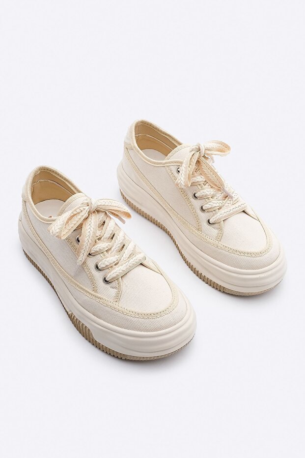 Damskie trampki z wysoką podeszwą i sznurowaniem, sportowe buty z lnu Kotnel EKRU - 5