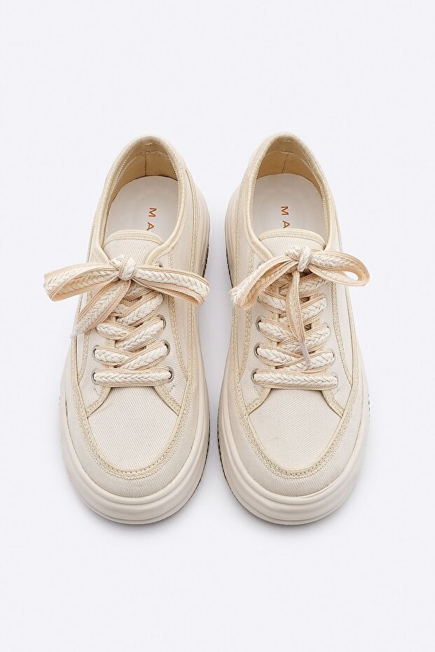 Damskie trampki z wysoką podeszwą i sznurowaniem, sportowe buty z lnu Kotnel EKRU - 7