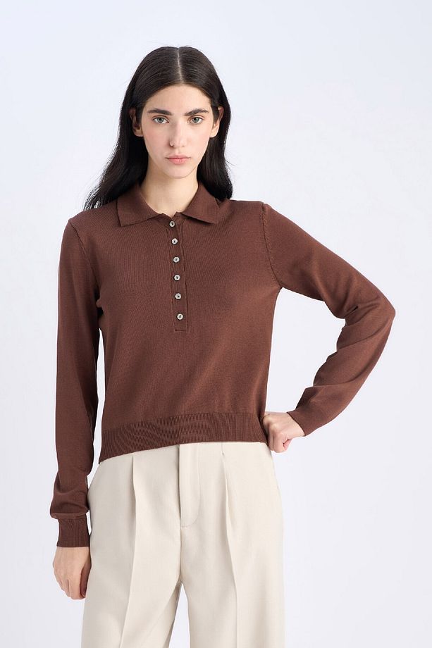 Regular Fit Polo Yaka Basic Düz Triko Kazak D6259AX25SP - 4