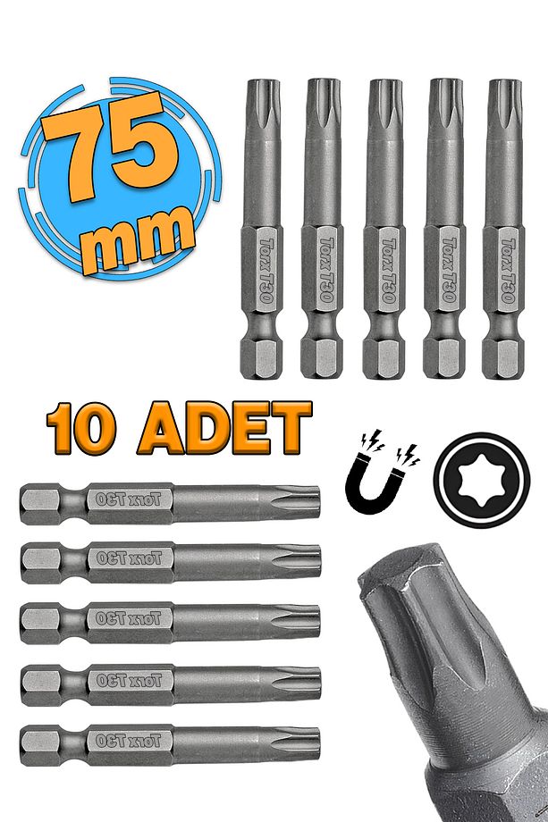 Mıknatıslı Torx T30 Bits Uç 75 mm 10'lu Set Kutulu Manyetik 1/4" Matkap Ucu Tork 7.5 cm Uzunluk - 1