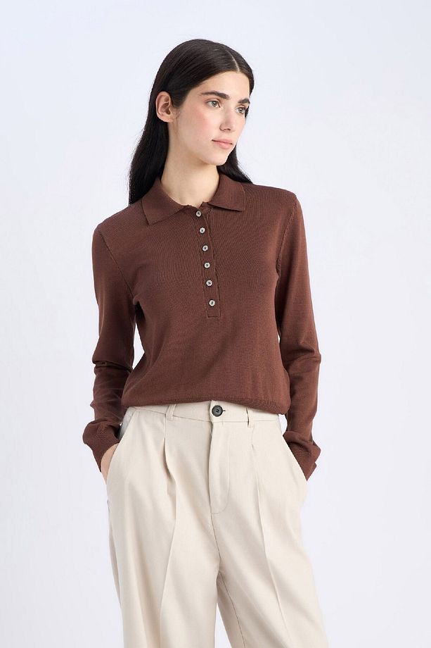 Regular Fit Polo Yaka Basic Düz Triko Kazak D6259AX25SP - 3