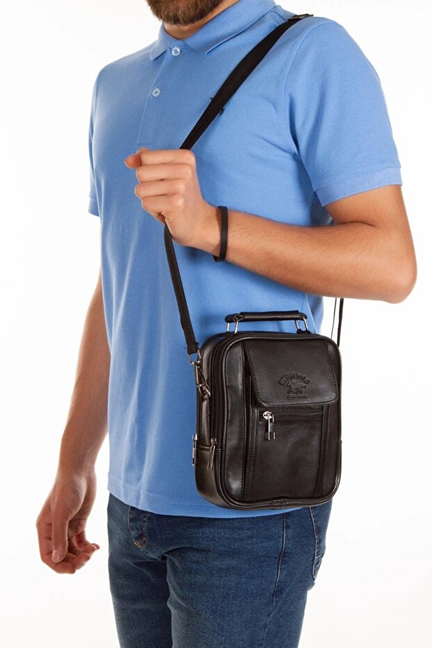 Men's Genuine Leather Steel Case Men's Handbag with Phone Compartment