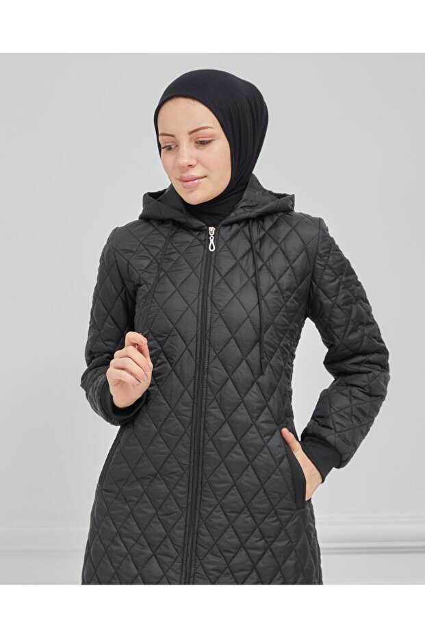 Kapüşonlu Kapitone Mont - Siyah - 1